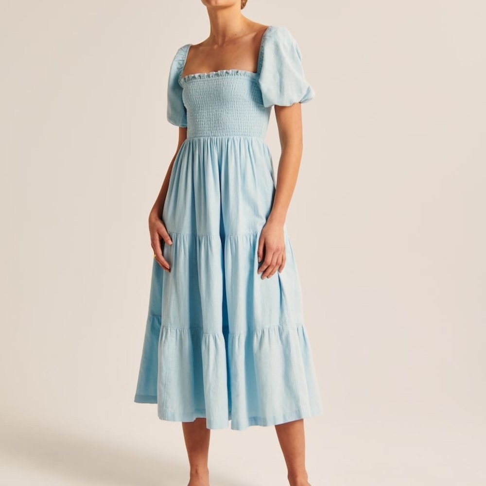 Abercrombie Smocked Bodice Linen-Blend Midi Dress